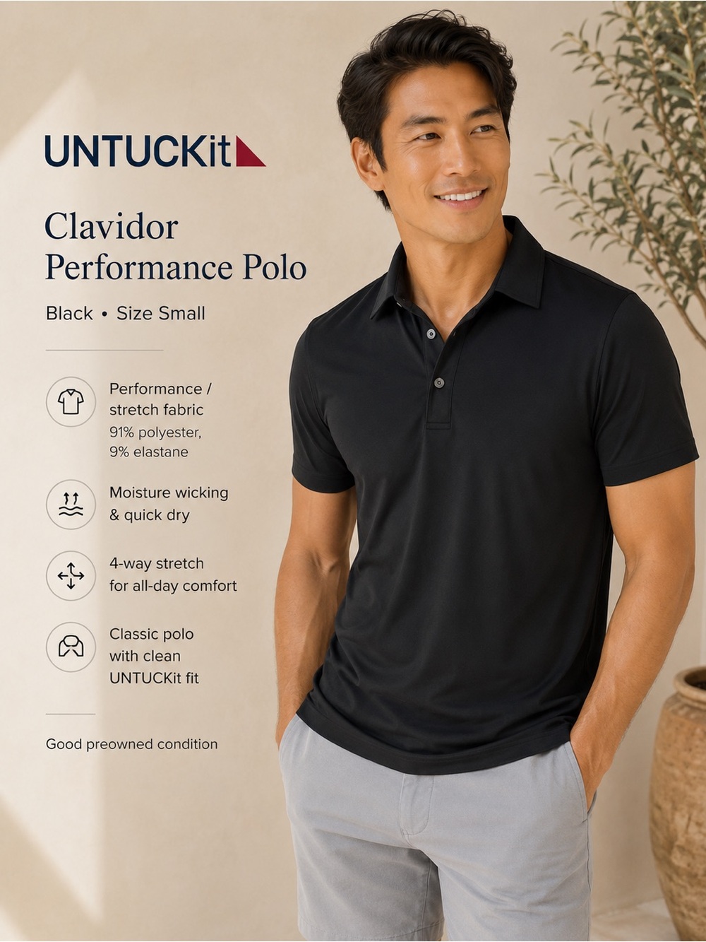 UNTUCKit Clavidor Performance Polo Black Regular Fit Size S